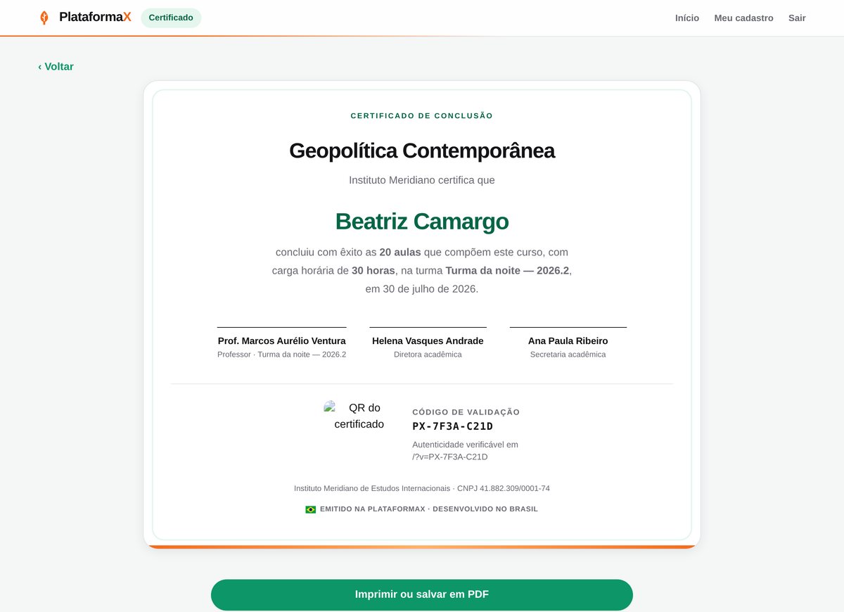 Certificado emitido pela PlataformaX, com QR code e assinaturas
